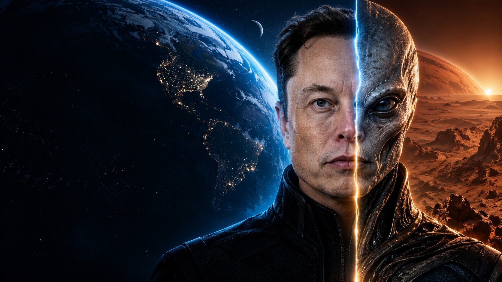 Split portrait: human form and alien form between Earth and Mars